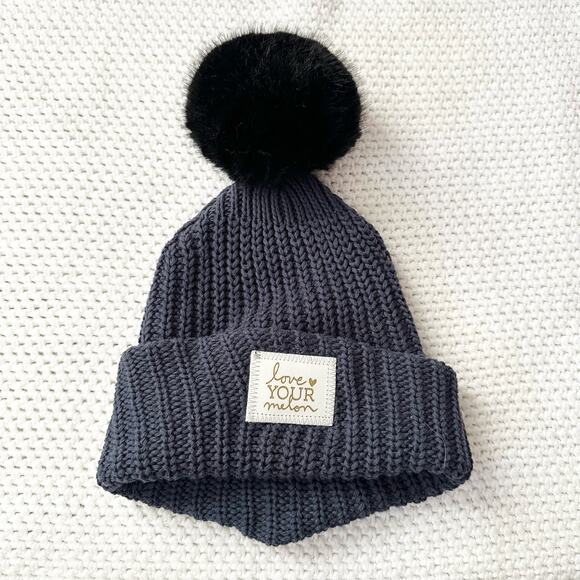 Love Your Melon Accessories - Love Your Melon Navy Blue Knit Cuffed Beanie Matching Faux Fur Pom Pom Hat